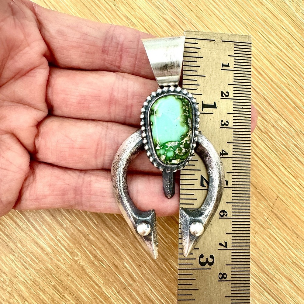 Navajo Naja Pendant Turquoise Signed Chimney Butte 2.75in Squash Blossom Matte - Picture 2 of 6